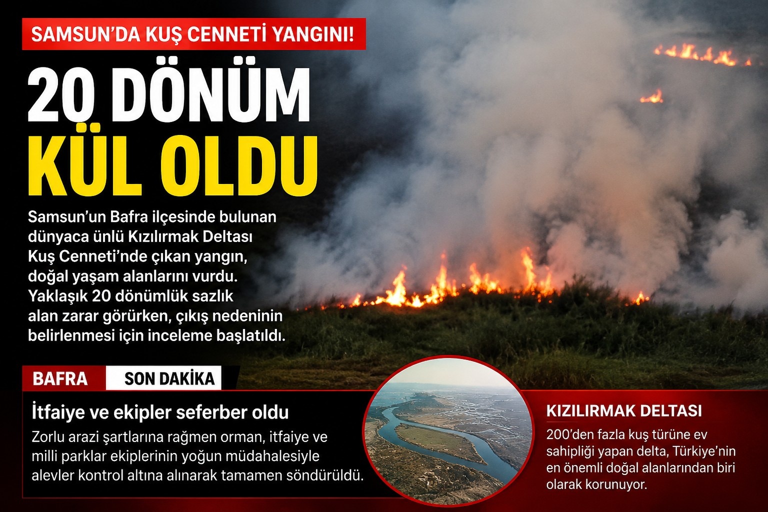 Samsun'da Kuş Cennetinde Yangın: 20 Dönümlük Sazlık Alan Kül Oldu